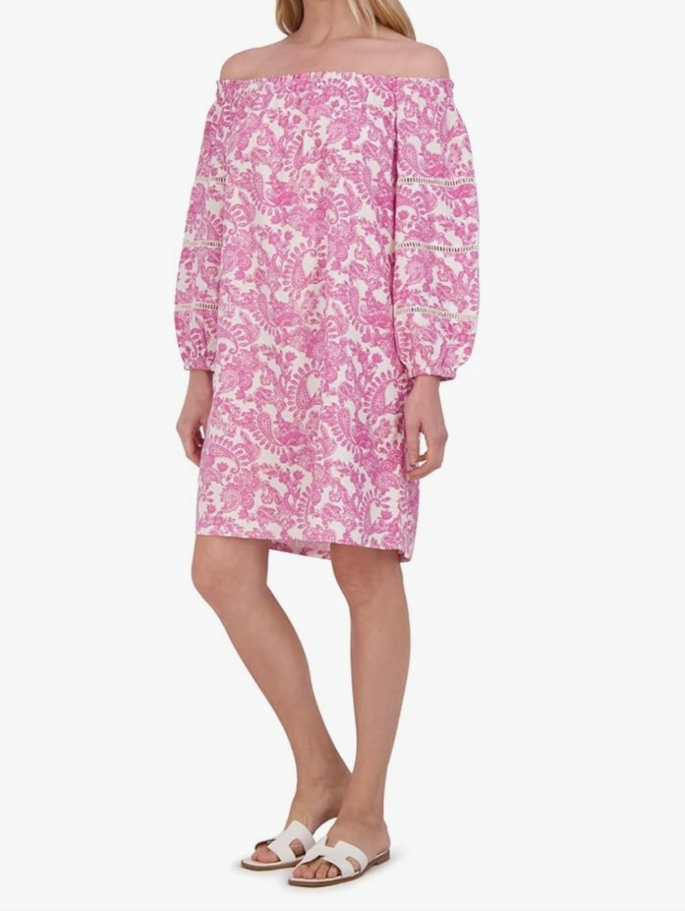 Stella Parker Balloon Sleeve Off Shoulder Pink  Dress Small Tropical Resort Wear